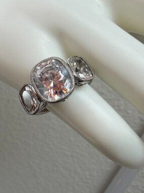 Vintage Jean Dousset Heirloom 925 CZ 3-Stone Mill-grain Cushion Cut Ring